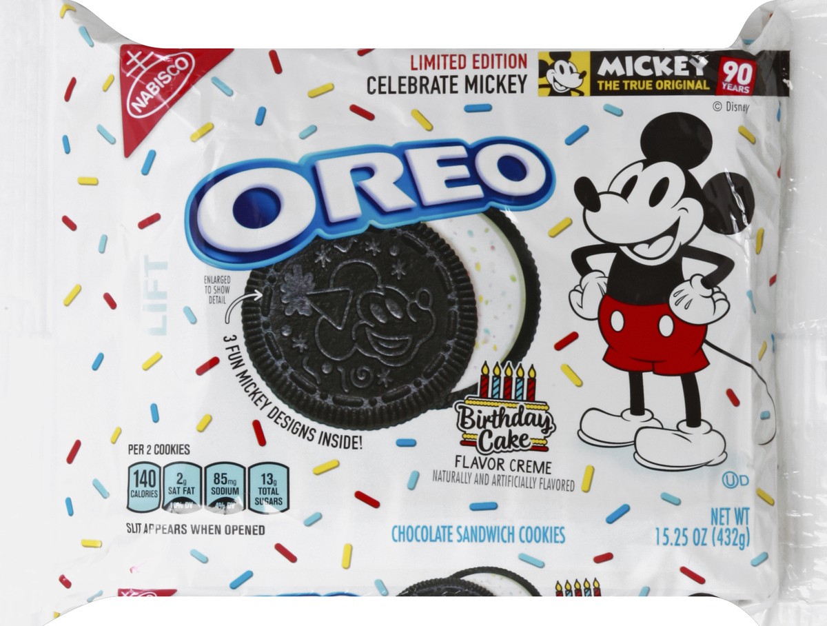 slide 2 of 5, OREO Chocolate Sandwich Cookies, Birthday Cake Flavored Creme, Special Mickey Mouse Edition, 1 Resealable 15.25 oz Pack, 0.99 lb