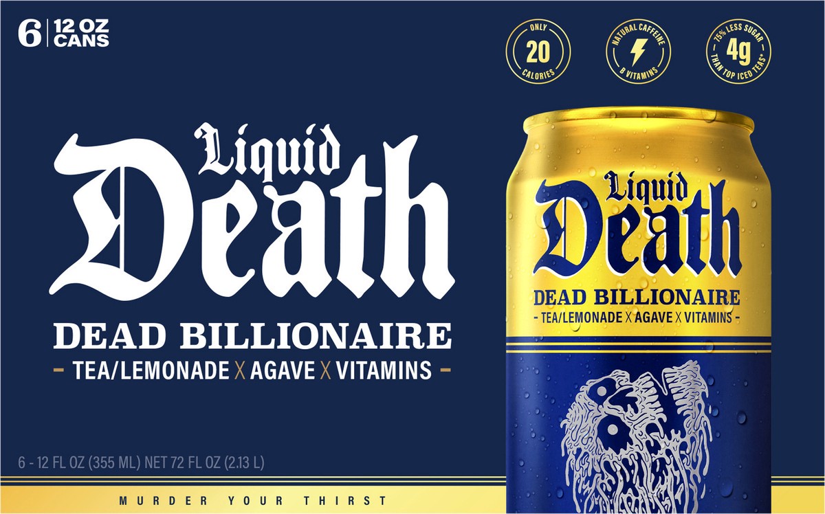 slide 5 of 9, Liquid Death, Dead Billionaire Iced Tea, Half Lemonade Half Black Tea, 6 ct