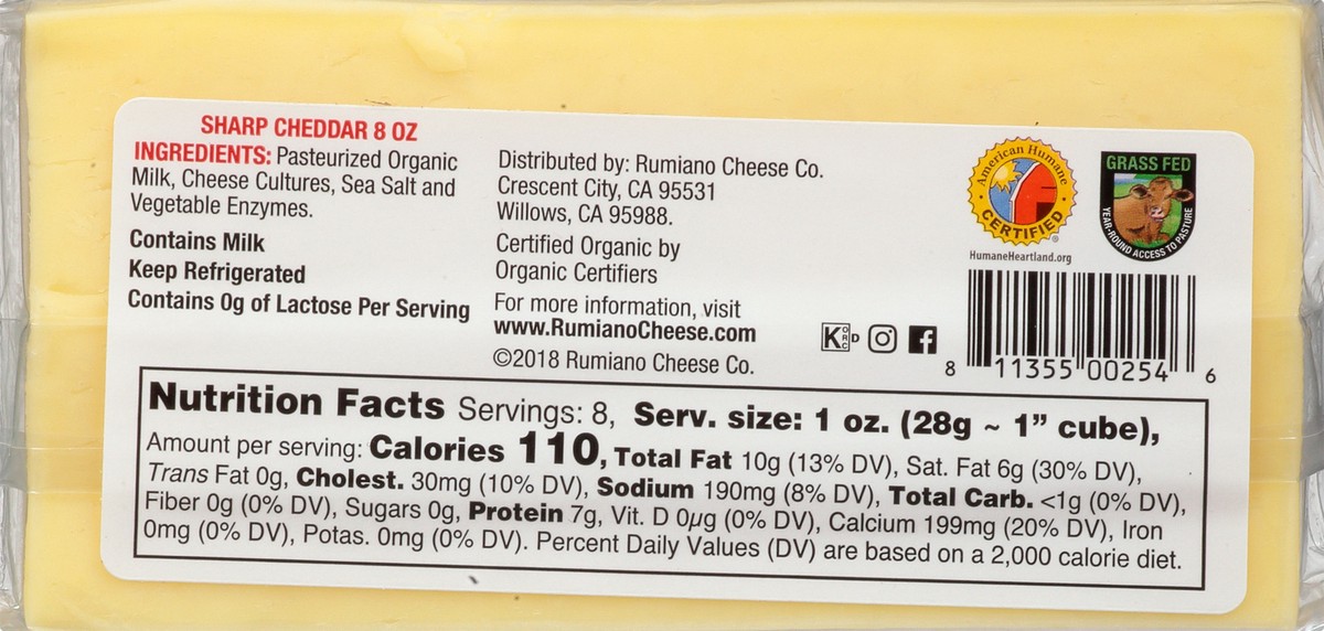 slide 7 of 13, Rumiano Family Organic Sharp Cheddar Cheese, 8 oz