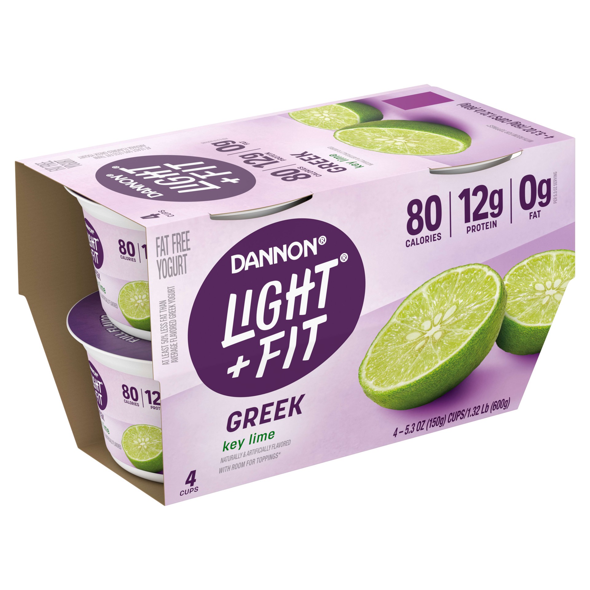 slide 3 of 5, Light + Fit Dannon Light + Fit Key Lime Greek Nonfat Yogurt, Creamy and Delicious Gluten Free Yogurt, 4 Ct, 5.3 OZ Yogurt Cups, 5.3 oz