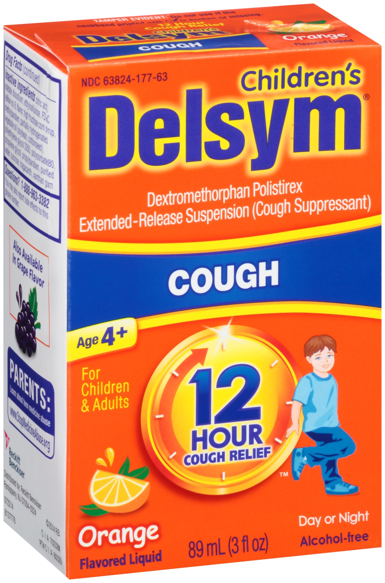 slide 1 of 1, Delsym Adults & Children 12-Hour Orange Cough Suppressant Liquid, 3 fl oz