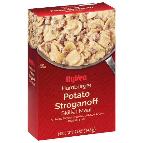 slide 1 of 1, Hy-vee Hamburger Potato Stroganoff Thin Potato Slices & Beef Flavored Sauce Mix With Sour Cream Skillet Meal, 5 oz
