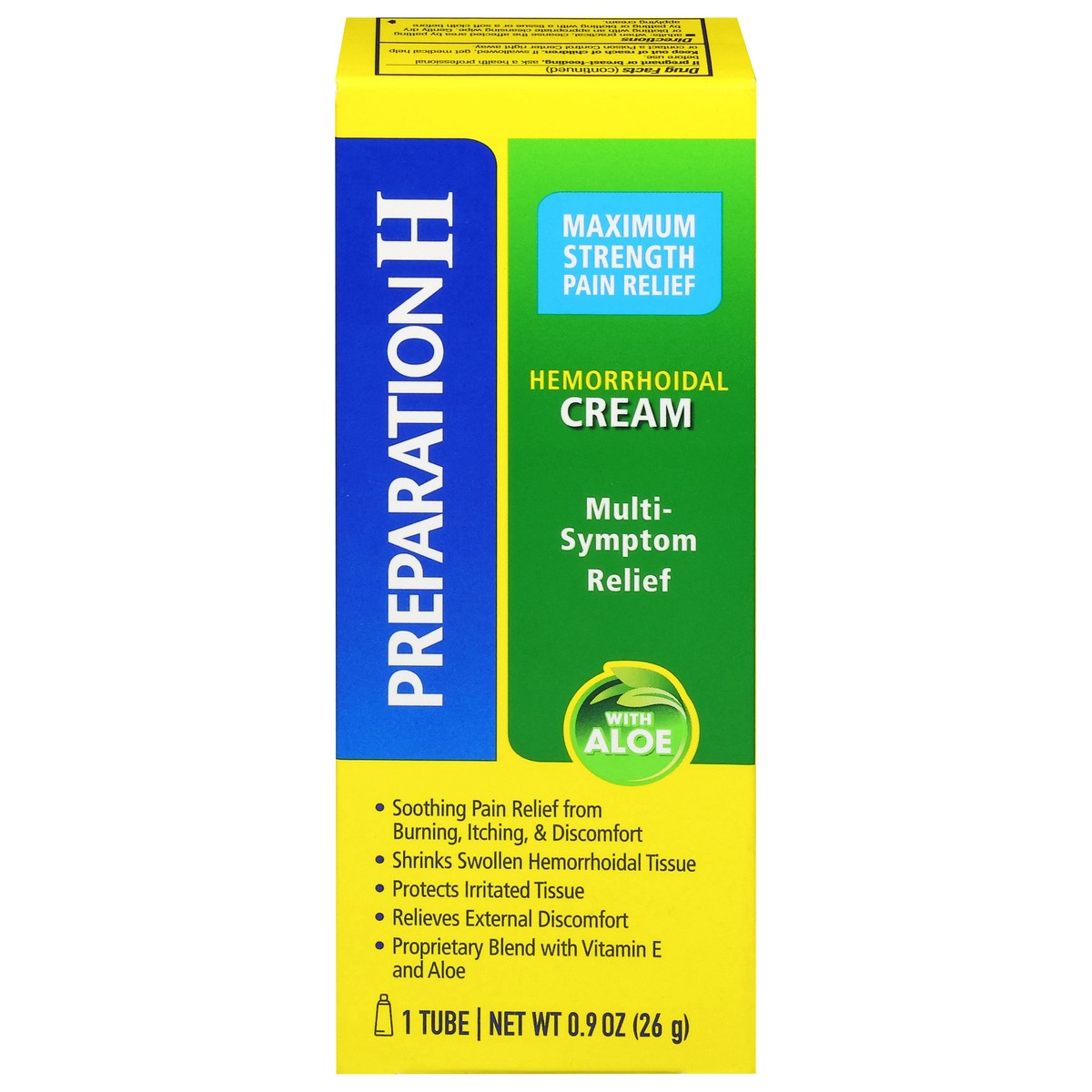 slide 1 of 9, Preparation H Maximum Strength Multi Symptom Relief Hemorrhoidal Cream with Aloe 0.9 oz, 1 ct