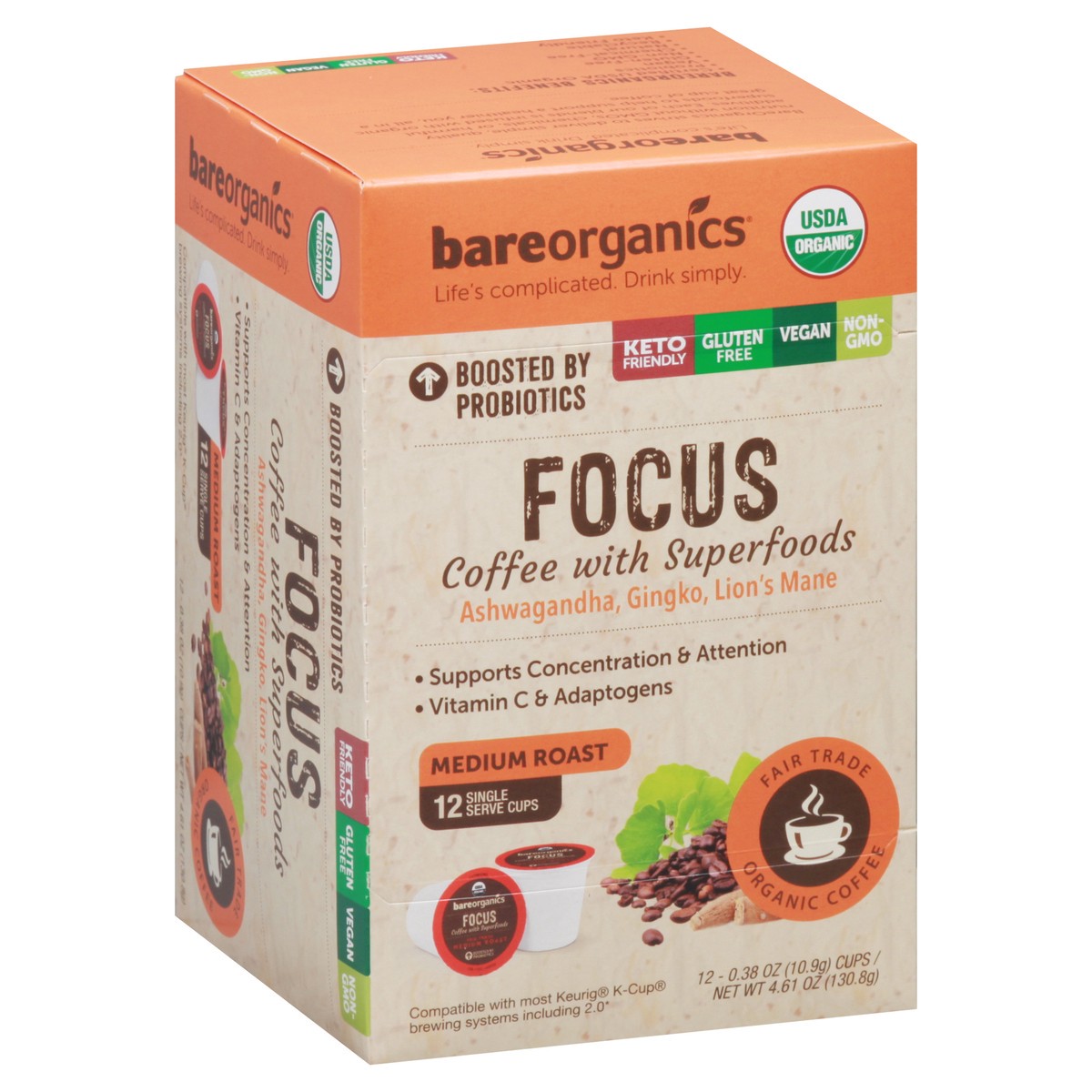 slide 3 of 15, BareOrganics Single Serve Cups Focus Medium Roast Coffee - 12 ct, 12 ct