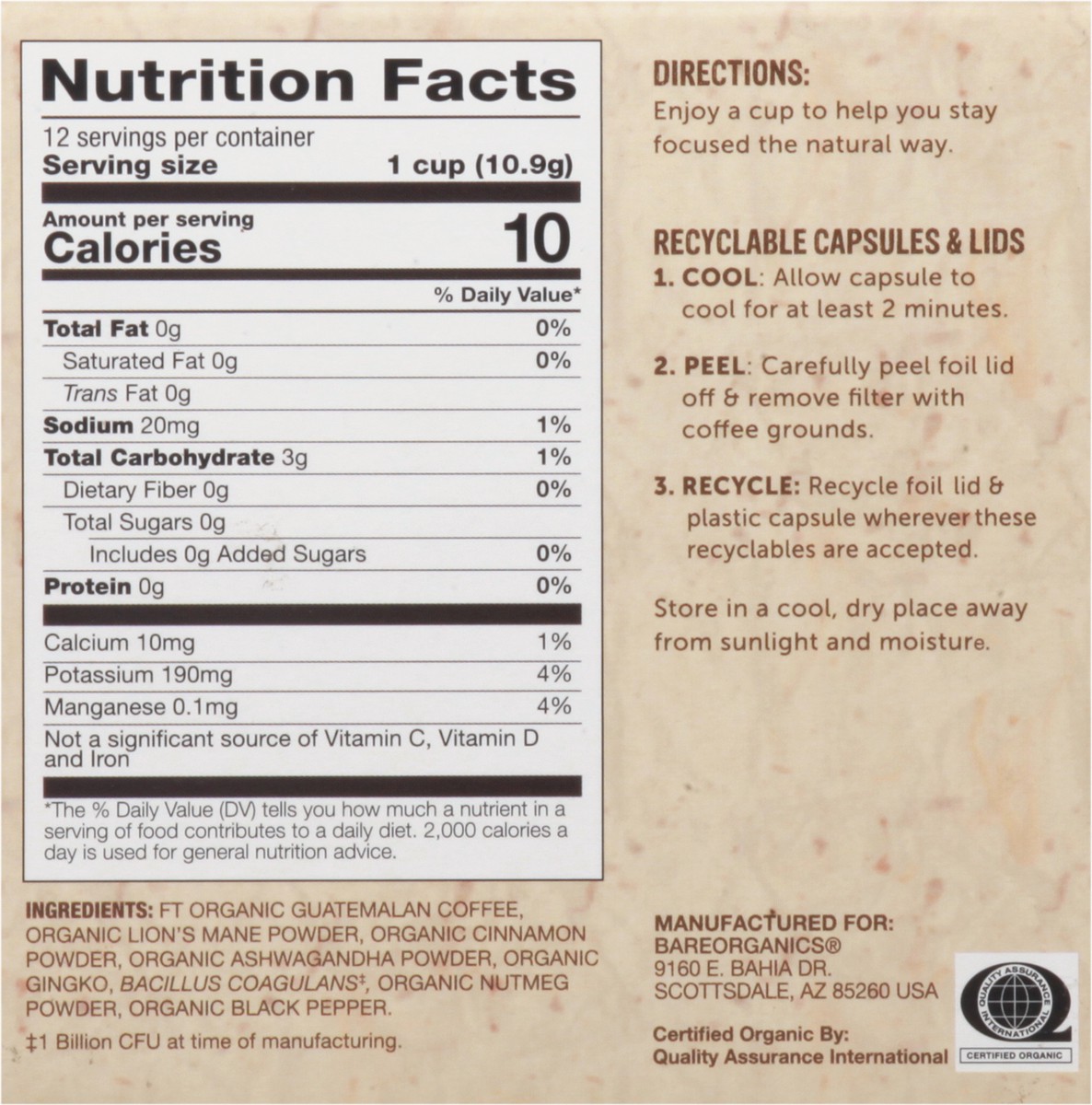 slide 4 of 15, BareOrganics Single Serve Cups Focus Medium Roast Coffee - 12 ct, 12 ct