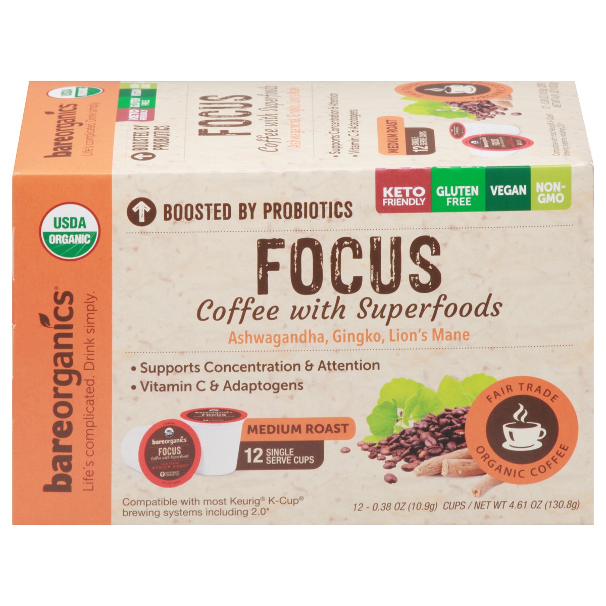 slide 13 of 15, BareOrganics Single Serve Cups Focus Medium Roast Coffee - 12 ct, 12 ct