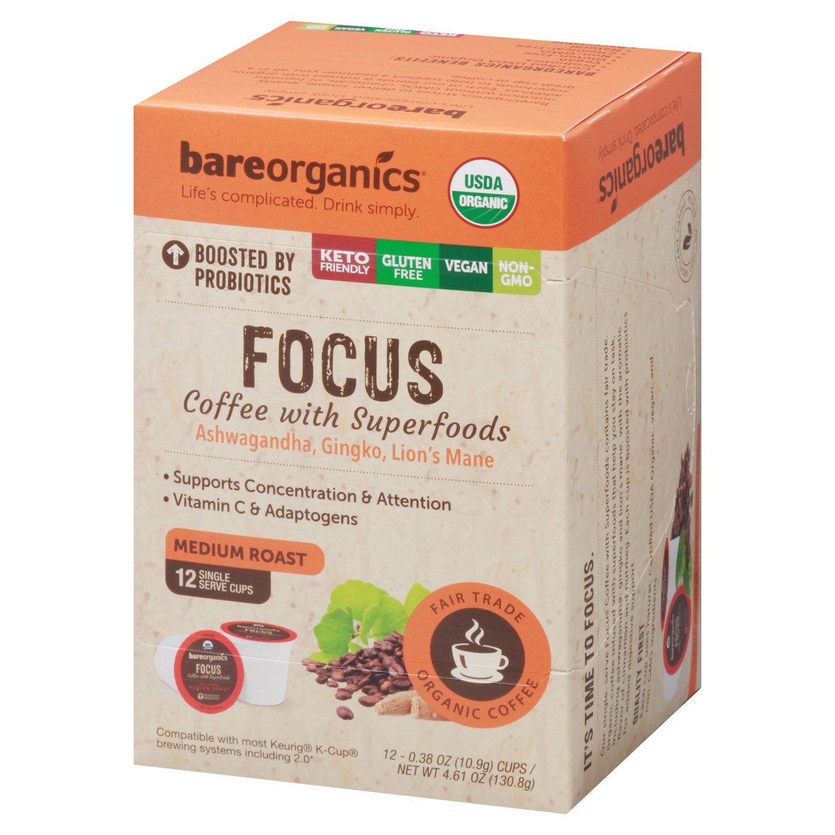 slide 15 of 15, BareOrganics Single Serve Cups Focus Medium Roast Coffee - 12 ct, 12 ct