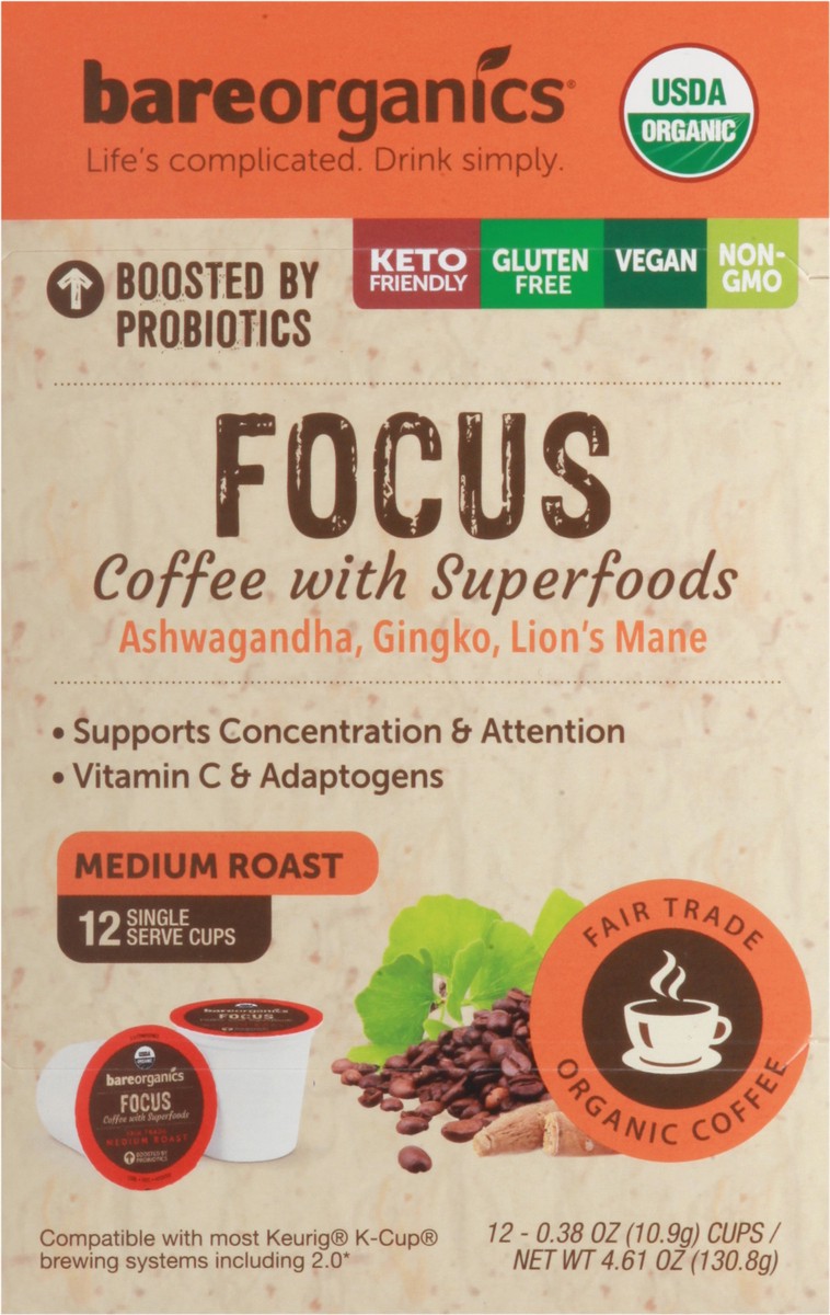slide 2 of 15, BareOrganics Single Serve Cups Focus Medium Roast Coffee - 12 ct, 12 ct