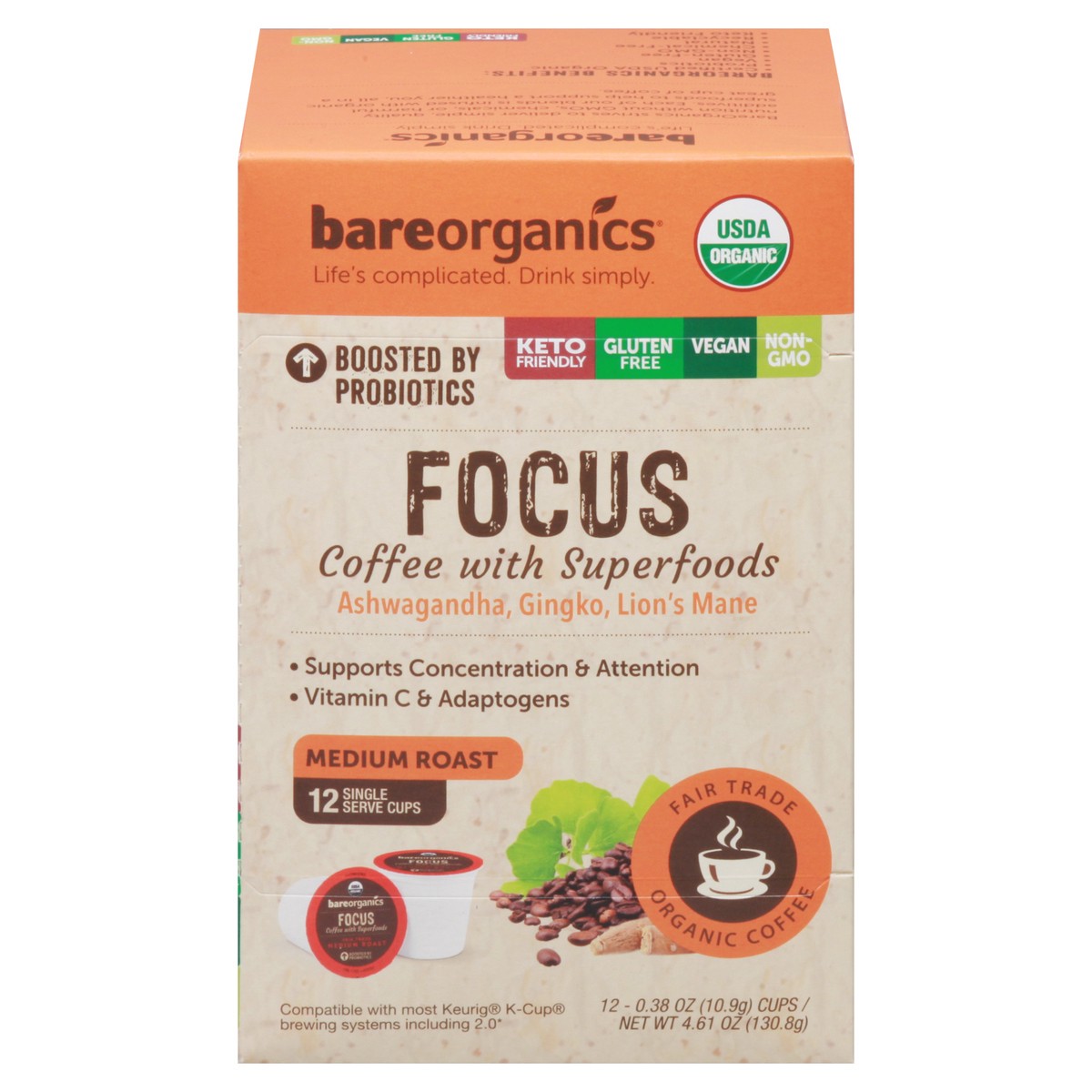 slide 1 of 15, BareOrganics Single Serve Cups Focus Medium Roast Coffee - 12 ct, 12 ct