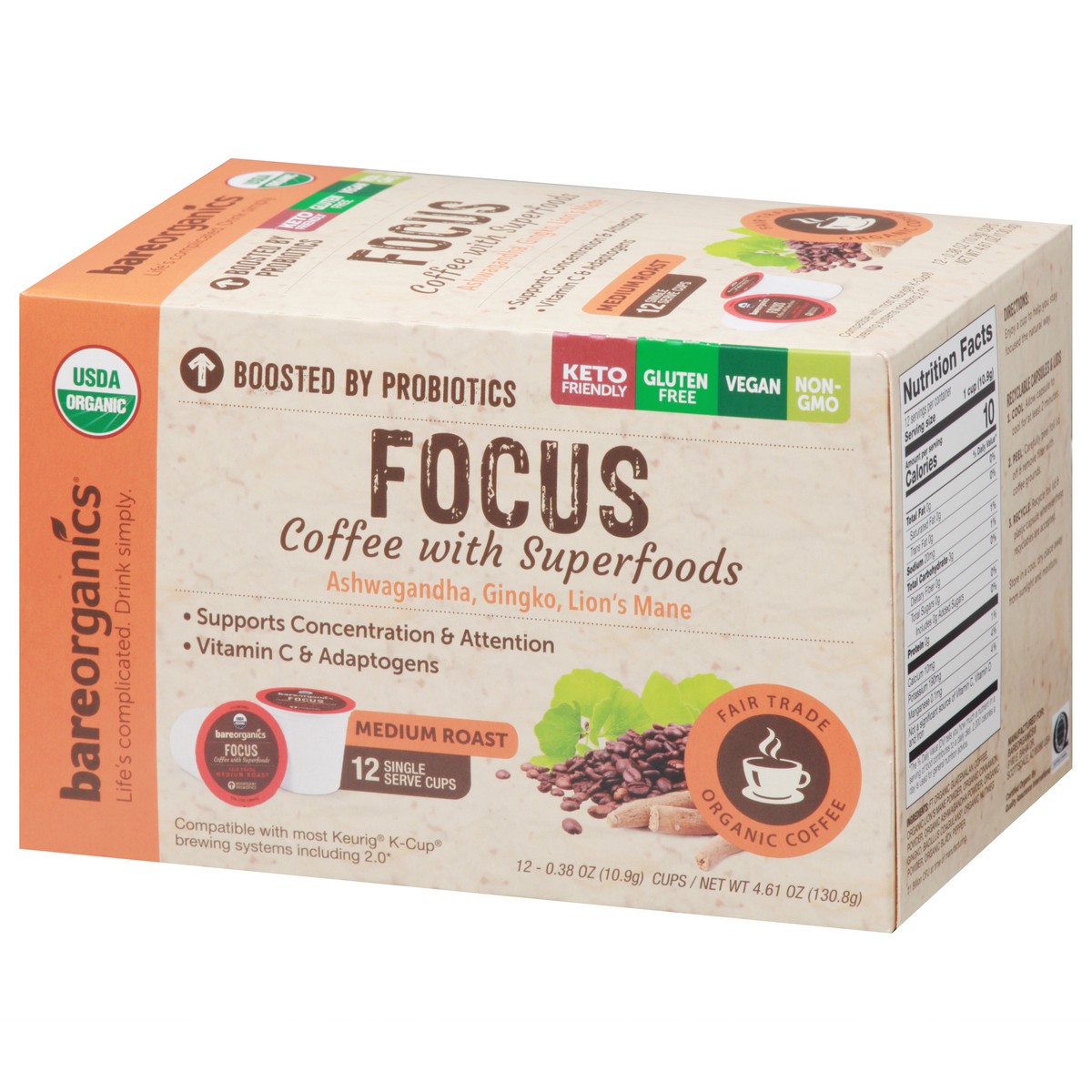 slide 11 of 15, BareOrganics Single Serve Cups Focus Medium Roast Coffee - 12 ct, 12 ct