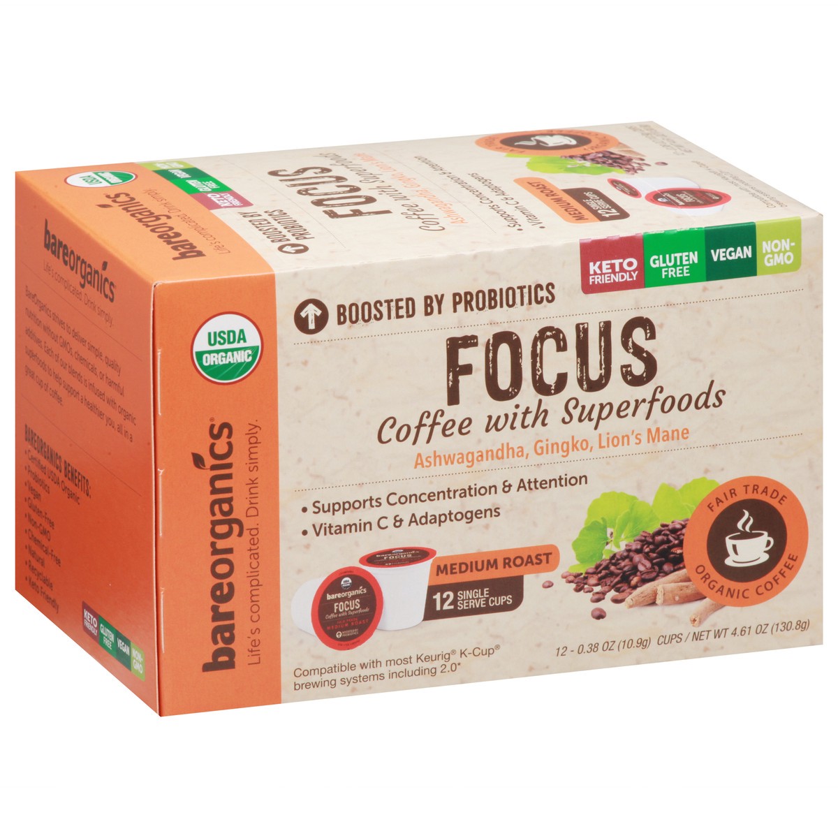 slide 9 of 15, BareOrganics Single Serve Cups Focus Medium Roast Coffee - 12 ct, 12 ct