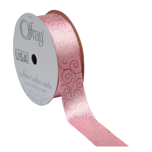 slide 1 of 1, Offray Ribbon Met Scroll Pink 0.875X, 9 ft