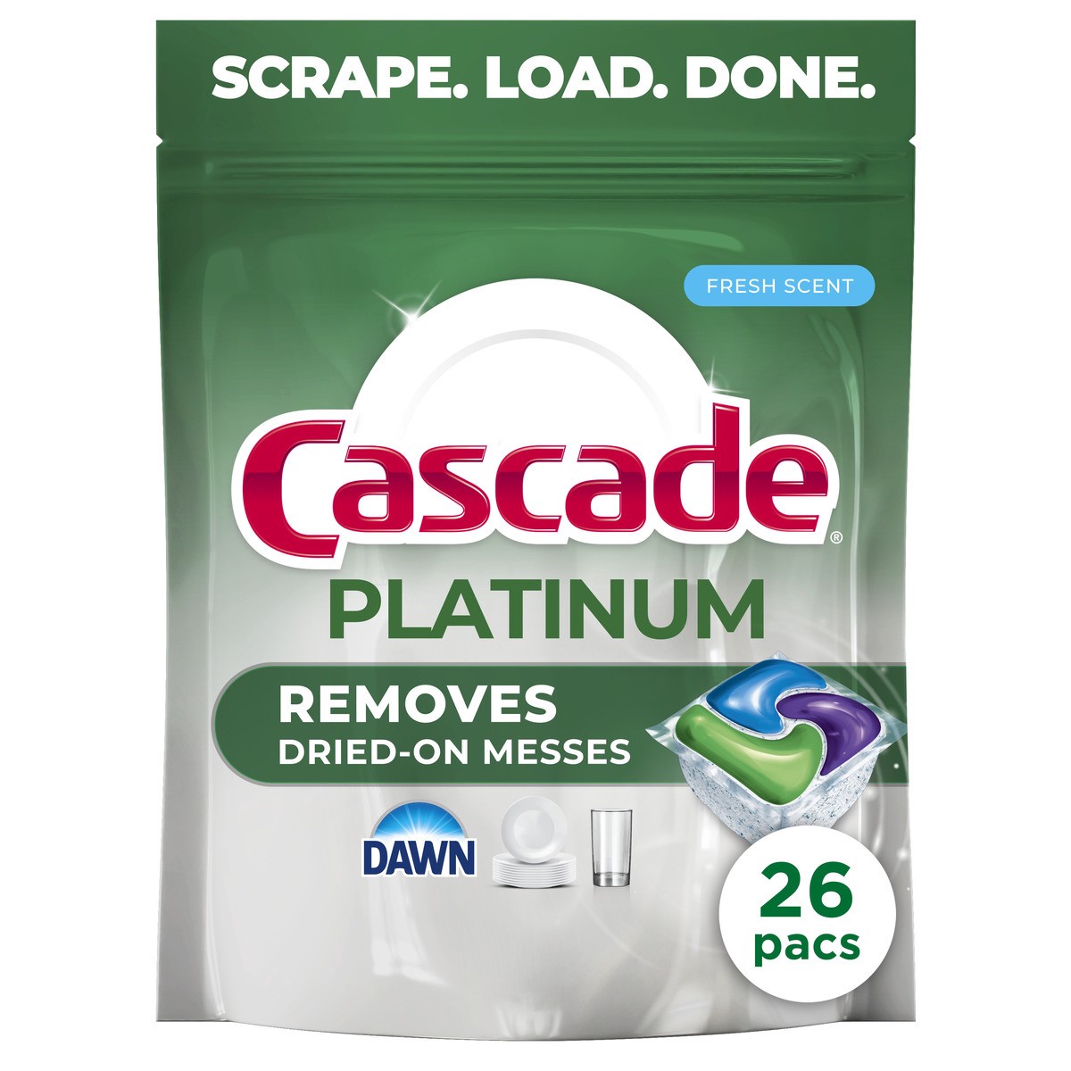 slide 1 of 10, Cascade Platinum Dishwasher Pods, Dishwasher Detergent, Dish Detergent Soap, Fresh, 26 Count, 26 ct