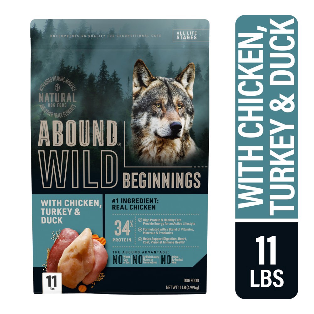 slide 1 of 6, Abound Wild Beginnings Chicken Turkey & Duck Dry Dog Food, 11 lb