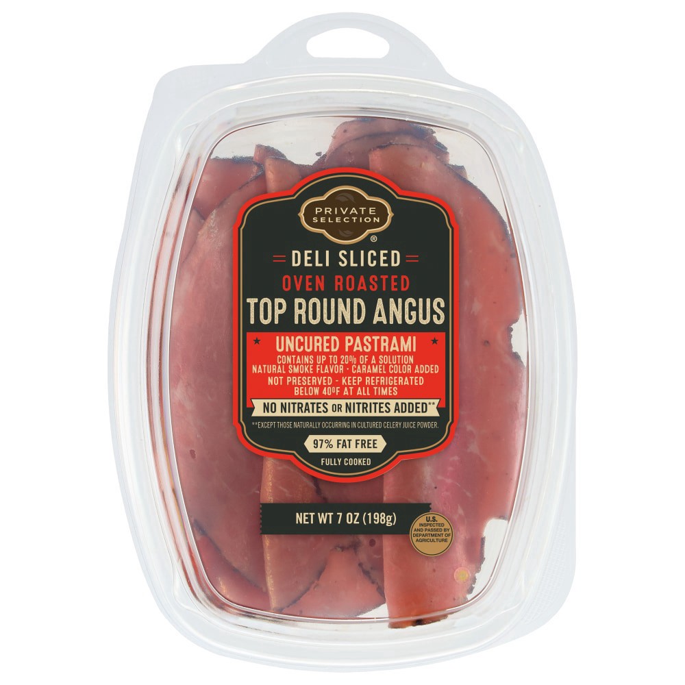 slide 2 of 2, Private Selection Sliced Oven Roasted Top Round Angus Uncured Pastrami Tub, 7 oz