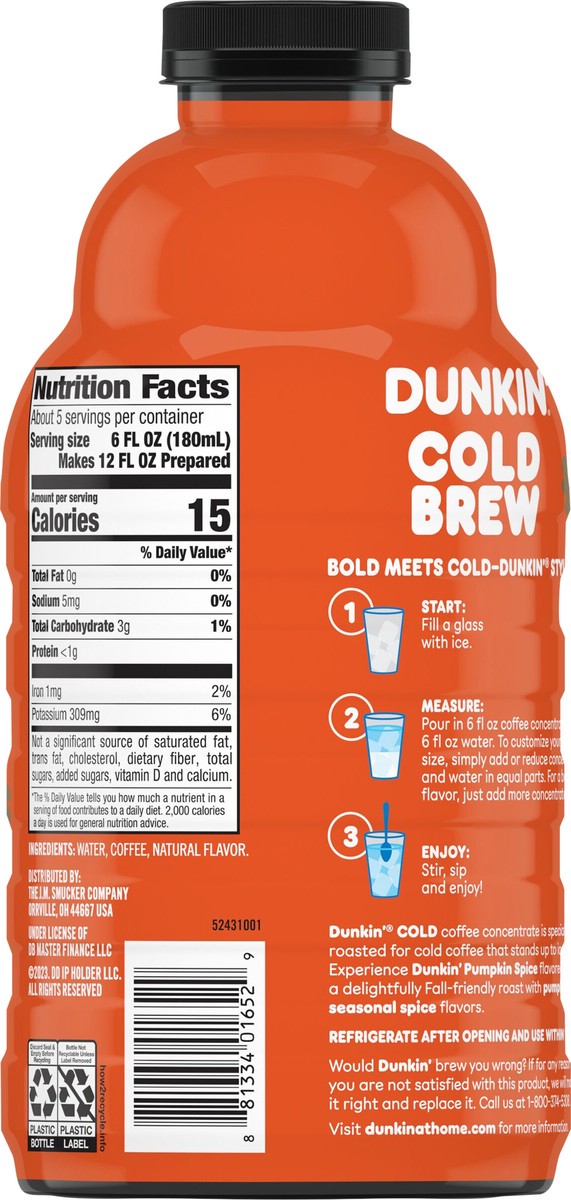 slide 8 of 8, Dunkin'' Pumpkin Spice Flavored Cold Brew Coffee Concentrate- 31 fl oz, 31 fl oz