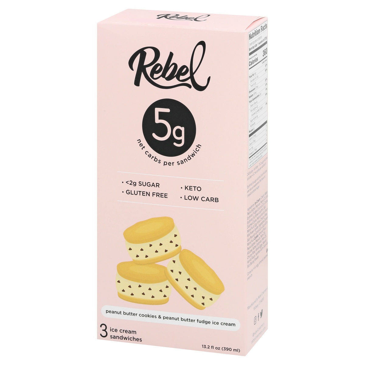 Rebel Creamery Ice Cream Sandwich, Peanut Butter Cookies & Peanut Butter Fudge Ice Cream 3Ct 3