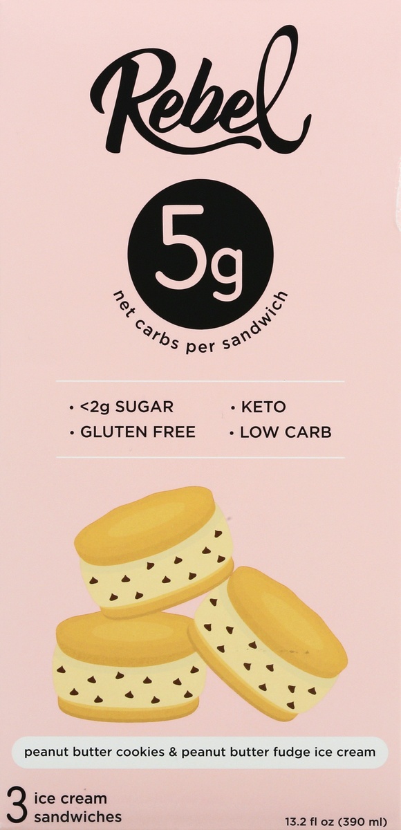 Rebel Creamery Ice Cream Sandwich, Peanut Butter Cookies & Peanut Butter Fudge Ice Cream 3Ct 3