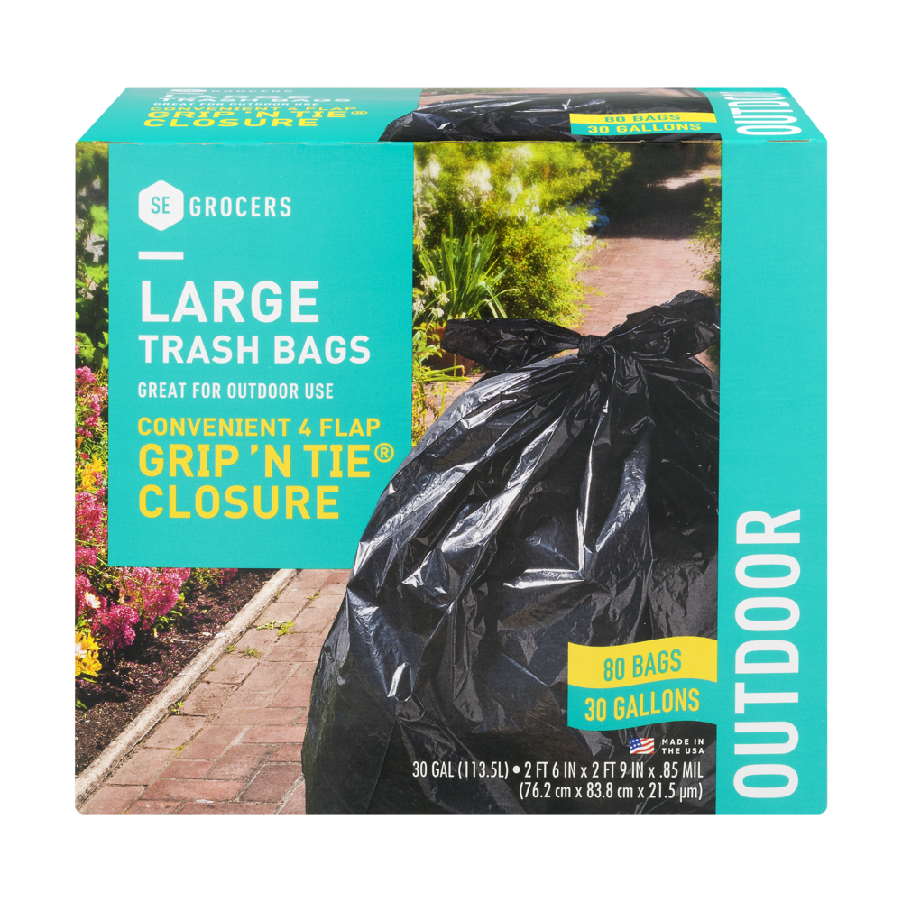 slide 1 of 1, SE Grocers Large Trash Bags Grip 'N Tie Closure, 80 ct