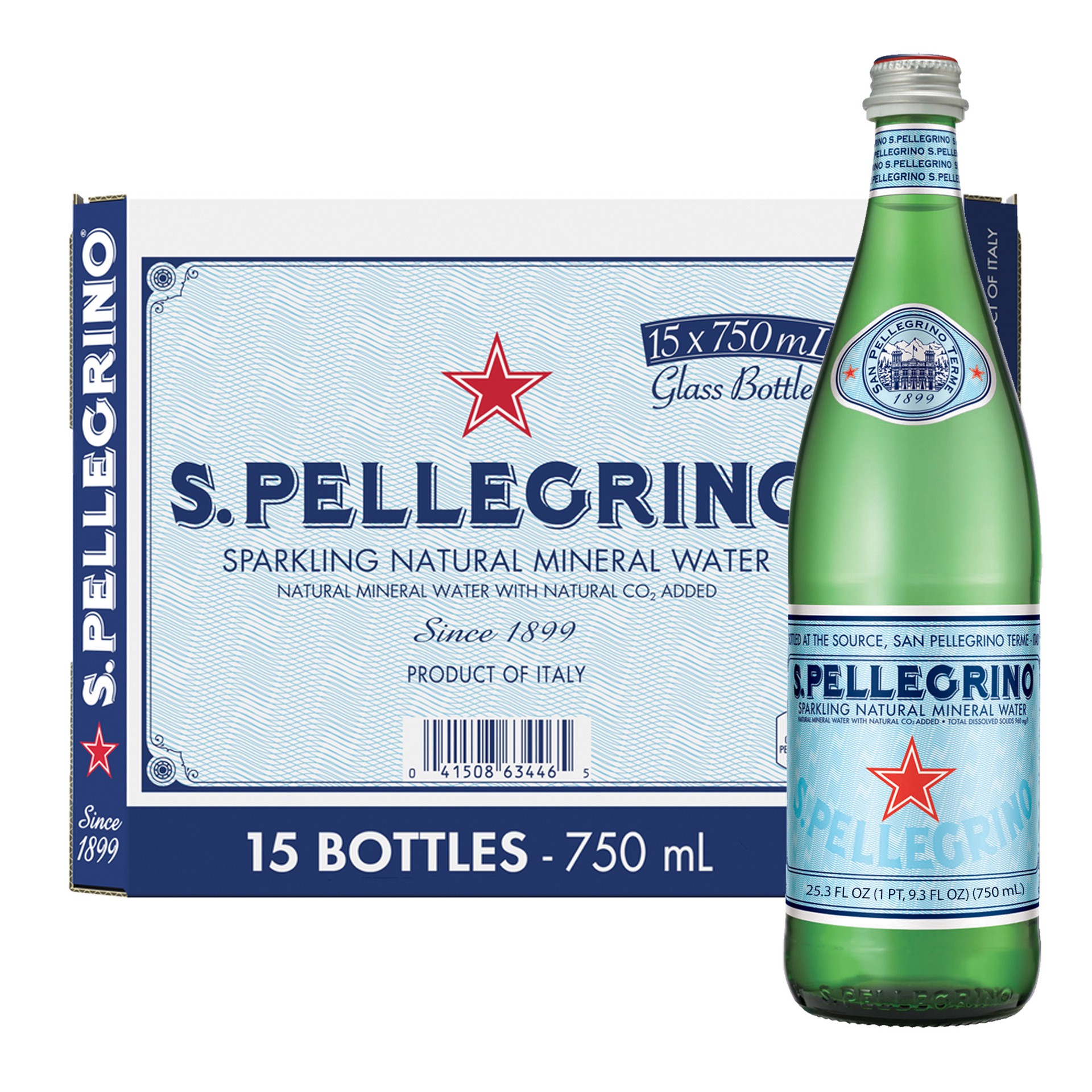 slide 1 of 2, S.Pellegrino Sparkling Natural Mineral Water, 15 Pack of Glass Bottles, 15 ct, 25.3 fl oz