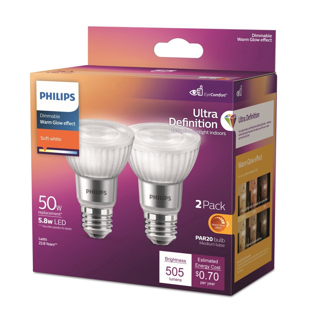 slide 2 of 6, Philips 6.3-Watt (50-Watt) Par20 Medium Base Dimmable Led Light Bulbs, 2 ct