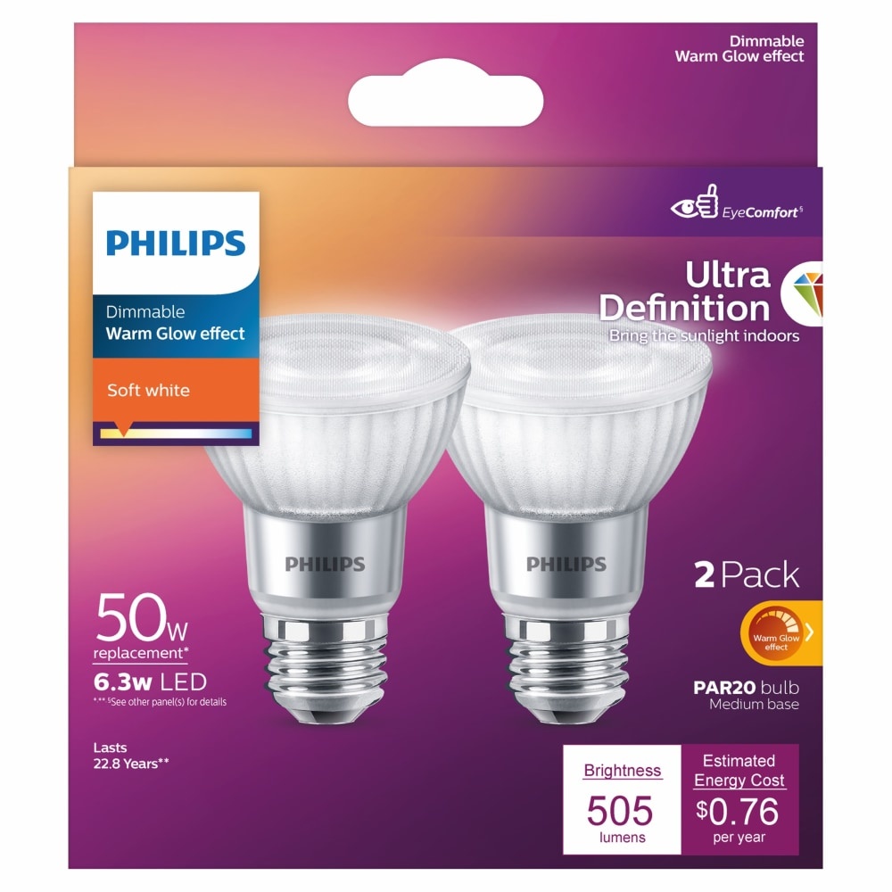 slide 1 of 2, Philips 6.3-Watt (50-Watt) Par20 Medium Base Dimmable Led Light Bulbs, 2 ct