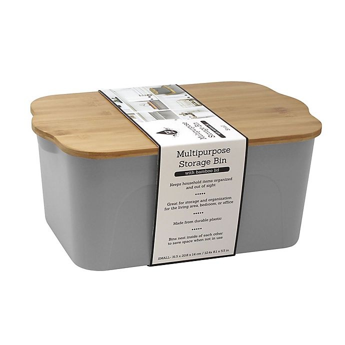 slide 2 of 2, Heritage Small Plastic Bin with Bamboo Lid - Light Grey, 1 ct