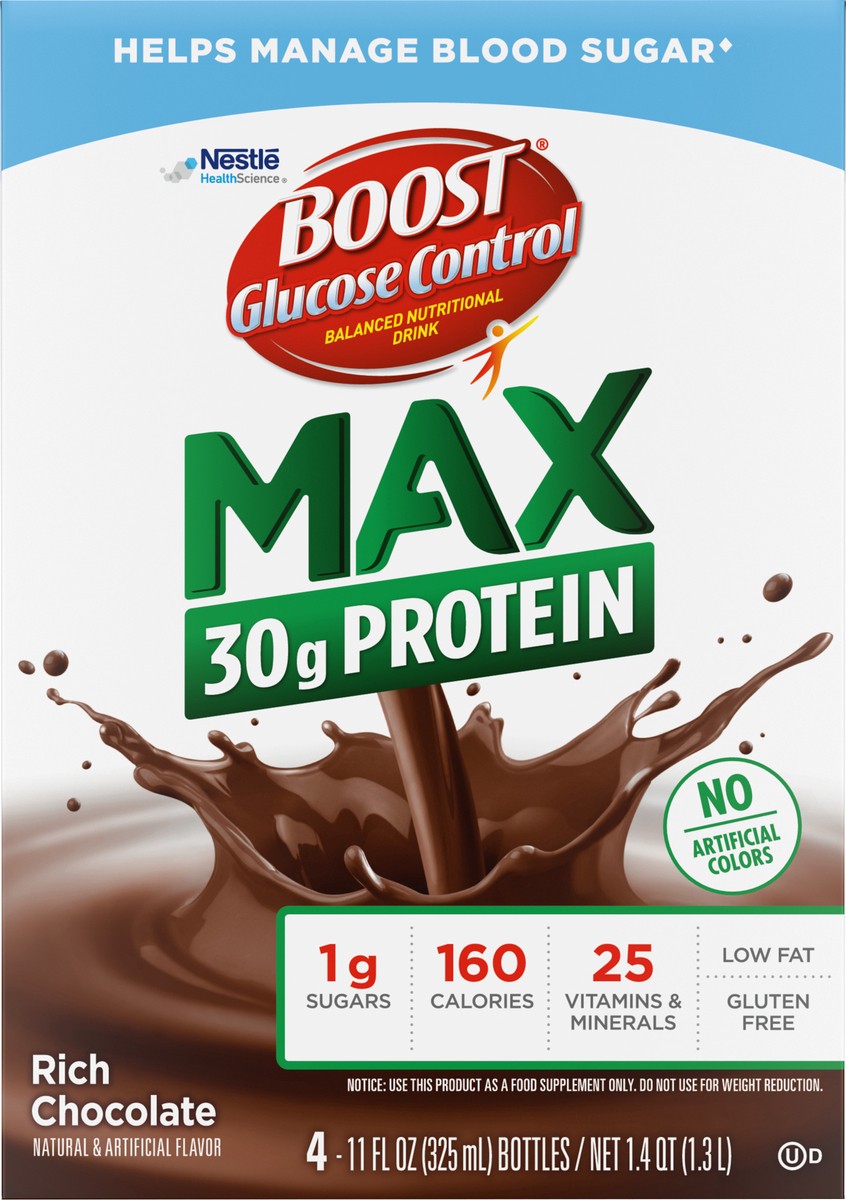 slide 1 of 9, BOOST Glucose Control Max 30g High in Protein Nutritional Drink Shakes, Rich Chocolate, 11 fl oz, 4 Pack, 4 ct