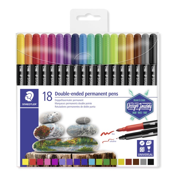 slide 1 of 1, STAEDTLER Duo-Ended Markers, Fine/Ultra-Fine Points, Black Barrels, Assorted Ink Colors, Pack Of 18 Markers, 18 ct