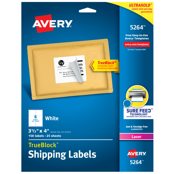 slide 1 of 8, Avery 3-1/3 x 4 Trueblock Technology Shipping Labels - White (150 Per Pack), 1 ct