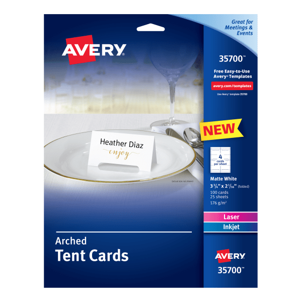 slide 1 of 7, Avery Arched Die-Cut Tent Cards, 2-1/16" X 3-3/4", 65 Lbs, Pack Of 100, 100 ct