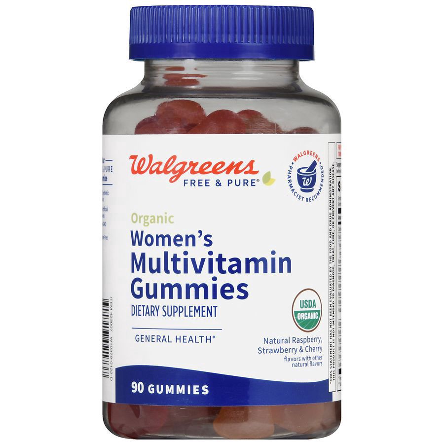 slide 2 of 5, Walgreens Free & Pure Organic Women's Multivitamin Gummies Natural Raspberry, Strawberry & Cherry, 90 ct