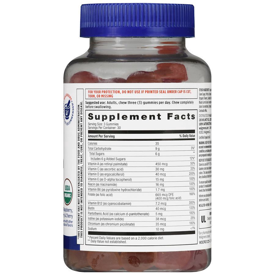 slide 4 of 5, Walgreens Free & Pure Organic Women's Multivitamin Gummies Natural Raspberry, Strawberry & Cherry, 90 ct