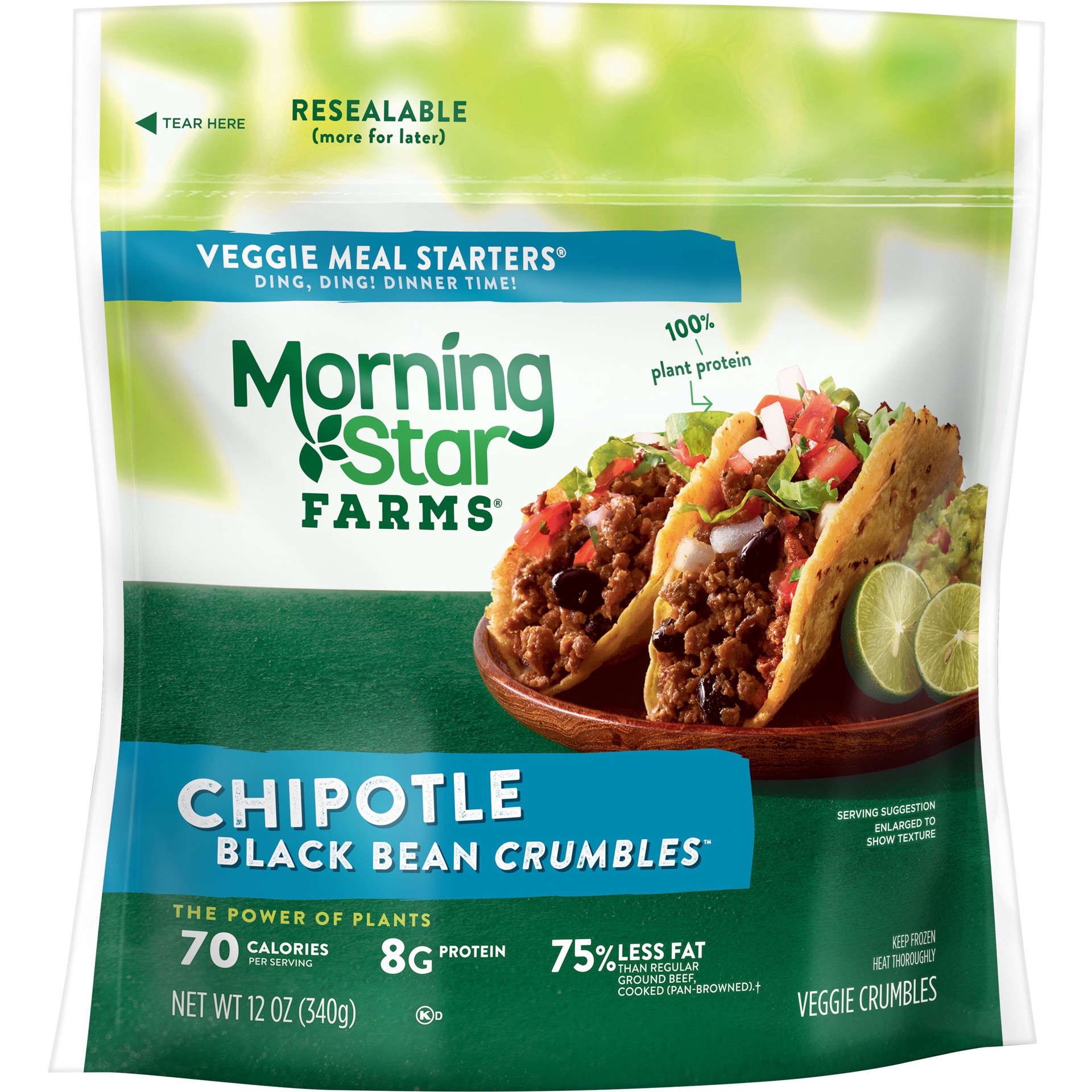 slide 1 of 6, MorningStar Farms Meal Starters Crumbles, Plant Based Protein Vegan Meat, Chipotle Black Bean, 12 oz