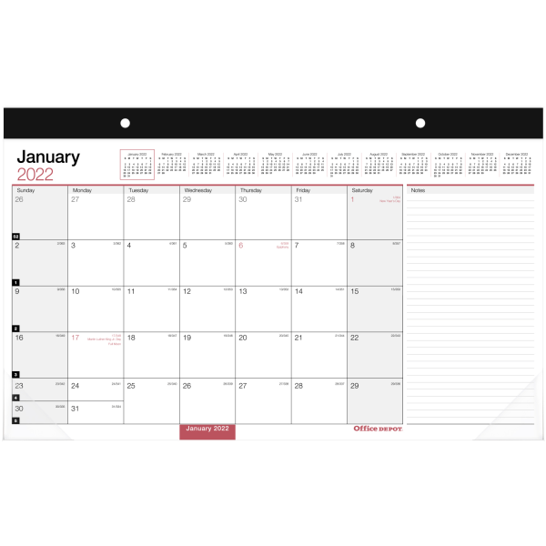 slide 1 of 1, At-A-Glance Office Depot Brand Monthly Desk Pad Calendar, 17'' X 11'', White, January To December 2022, Od201000, 1 ct