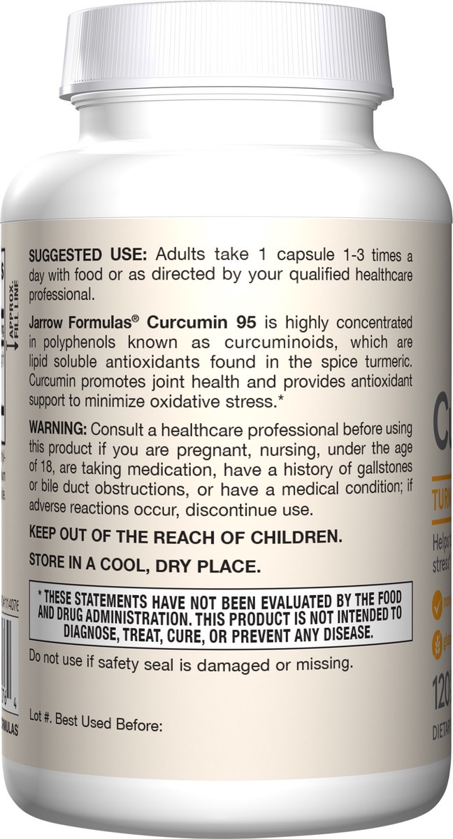 slide 3 of 4, Jarrow Formulas Curcumin 95 500 mg - Up to 120 Servings (Veggie Caps) - Turmeric Extract to Provide Antioxidant Support - Bone & Joint Dietary Supplement - Minimize Oxidative Stress, 120 ct