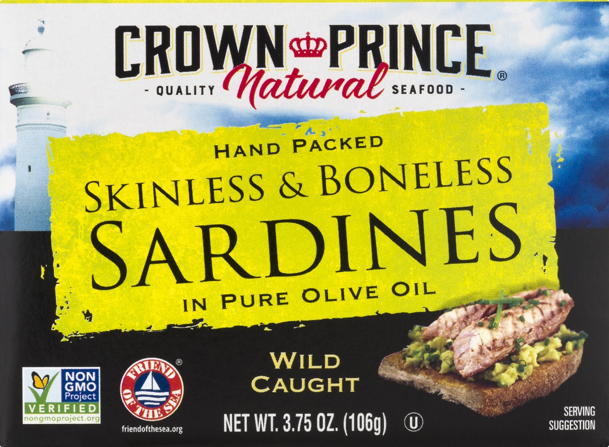slide 9 of 10, Crown Prince Natural Wild Caught Skinless Boneless Sardines in Pure Olive Oil, 3.7 oz