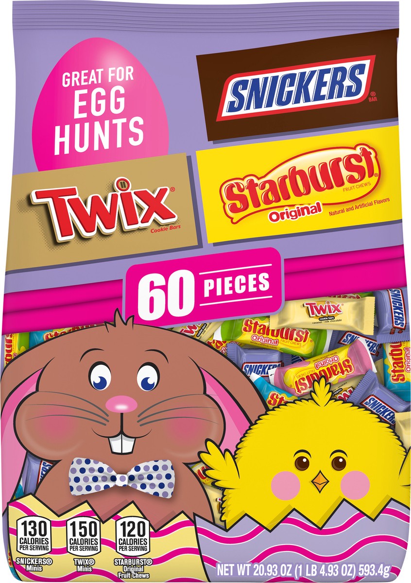 slide 1 of 7, Mars SNICKERS, TWIX & STARBURST Chocolate Easter Candy Variety Mix Bag, 60 Pieces, 20.93 Oz, 60 ct