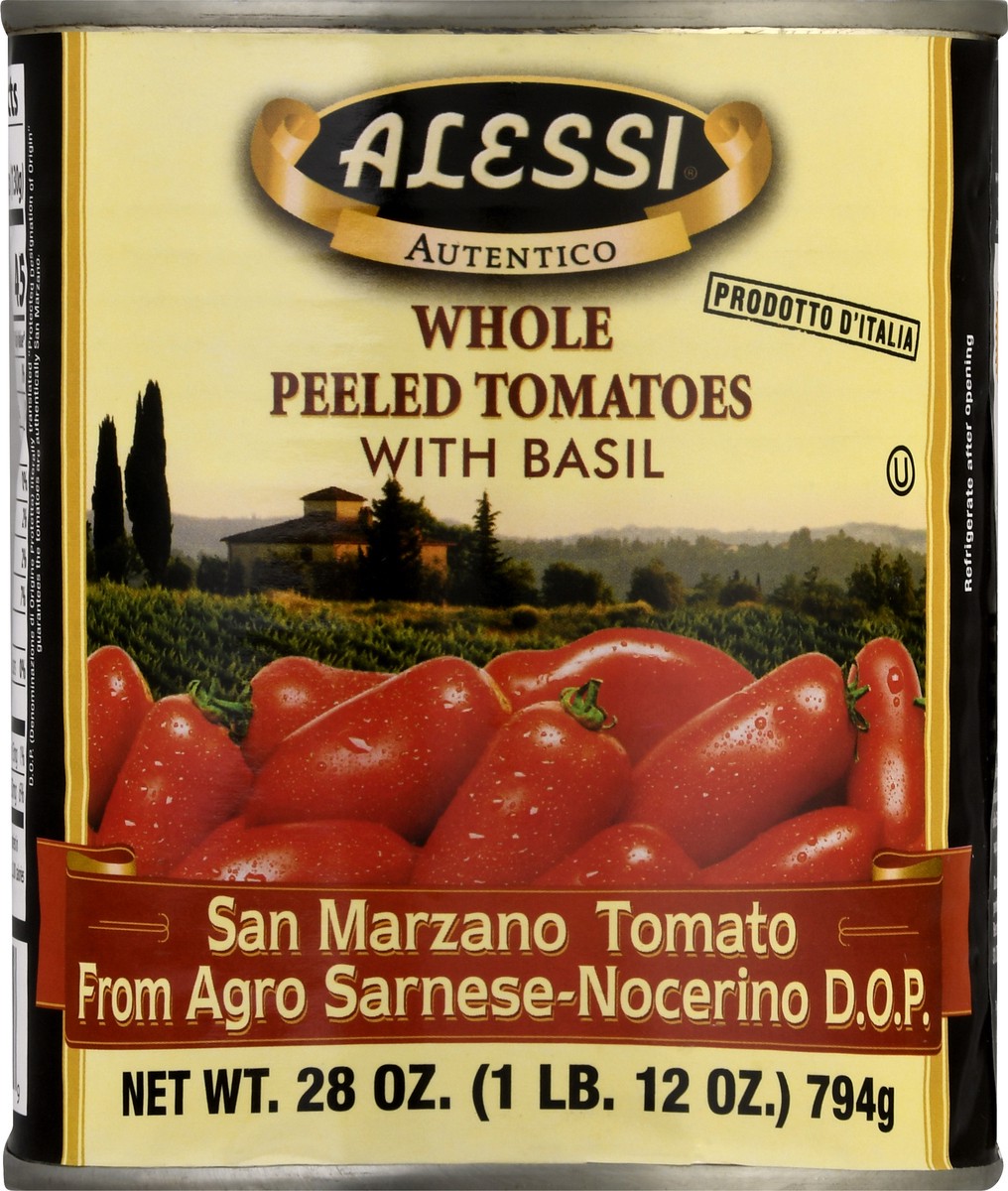 slide 6 of 9, Alessi Whole Peeled With Basil Tomatoes 28 oz, 28 oz