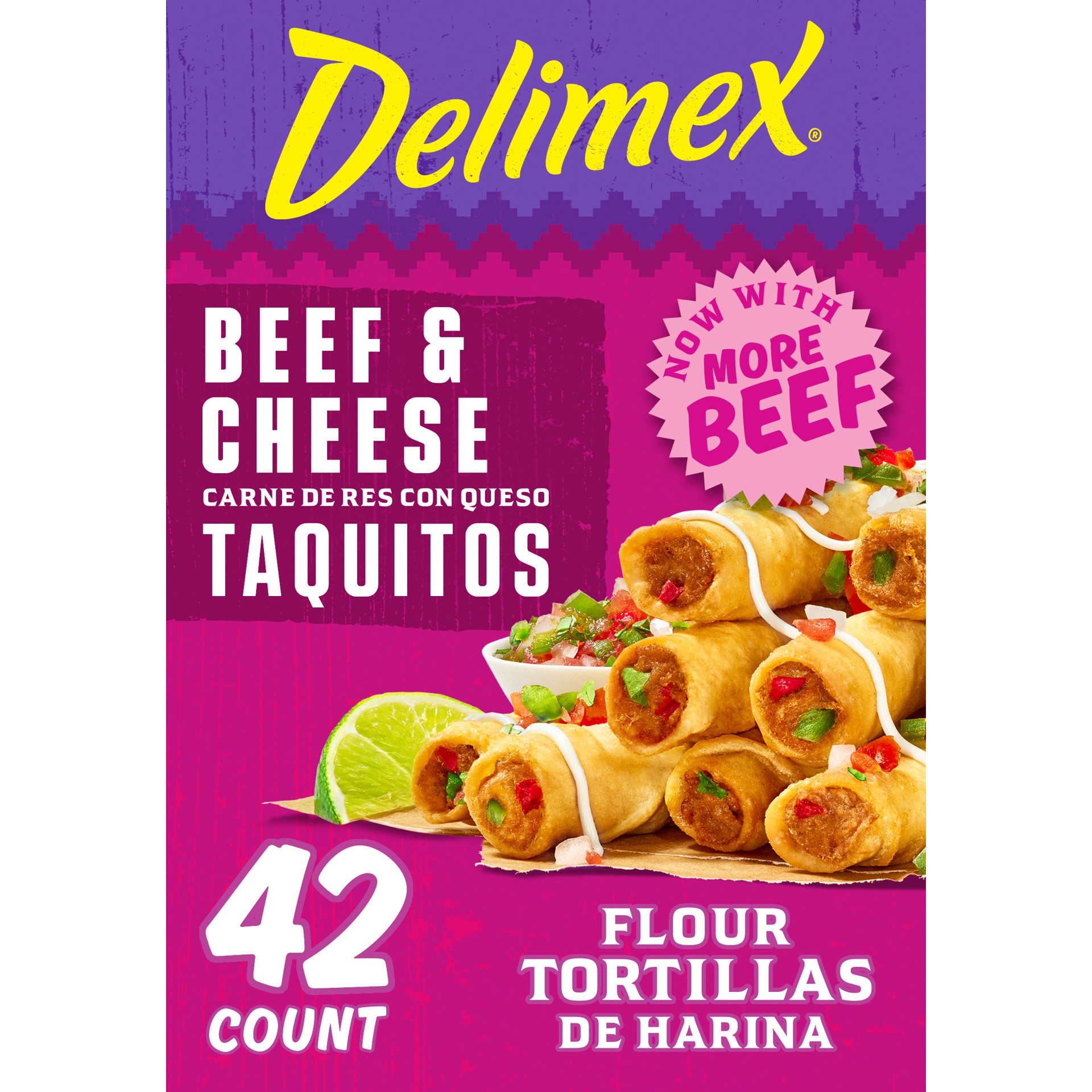 slide 1 of 9, Delimex Beef & Cheese Large Flour Taquitos Frozen Snacks, 42 ct Box, 50.4 oz
