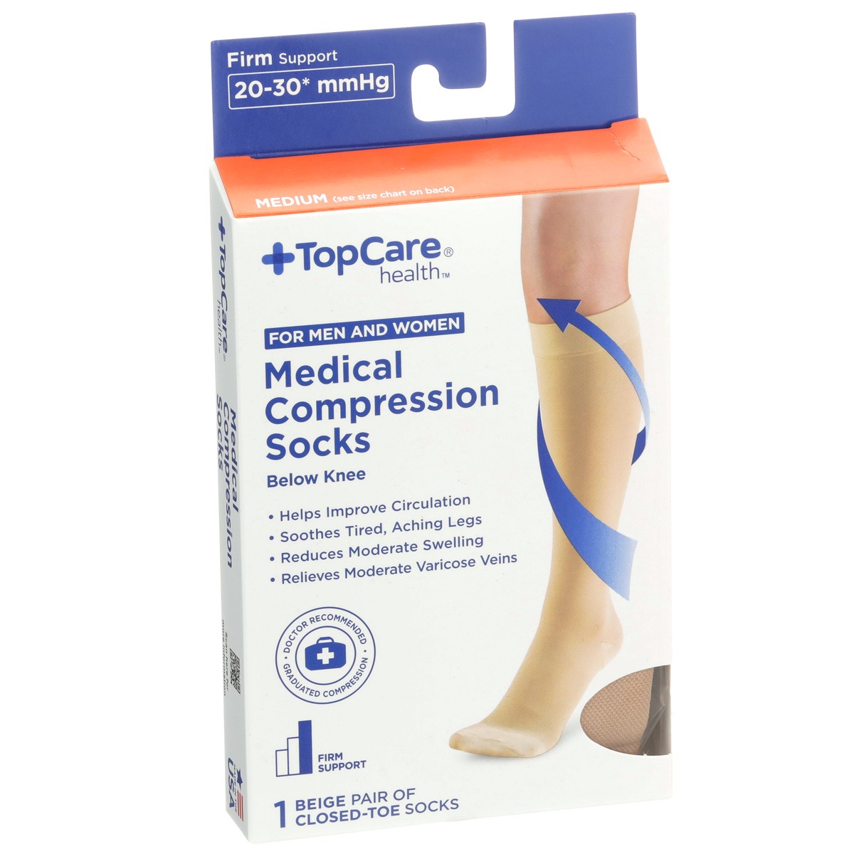 slide 7 of 8, TopCare Firm Support Medical Beige Closed-Toe Below Knee Compression Socks For Men And Women, Medium, 1 ct