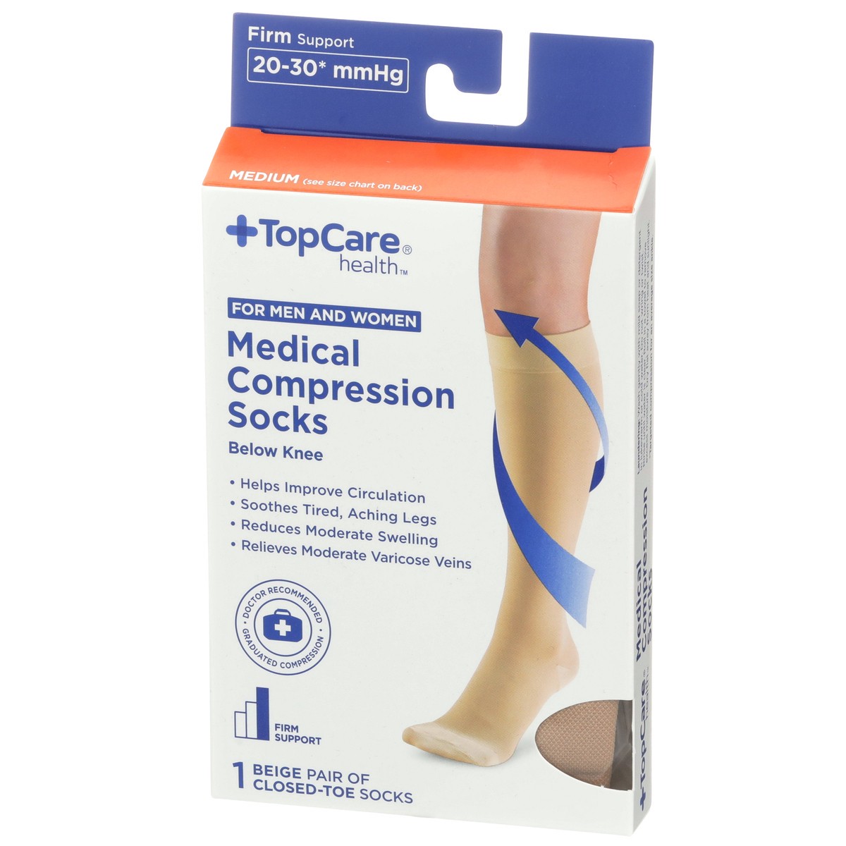 slide 5 of 8, TopCare Firm Support Medical Beige Closed-Toe Below Knee Compression Socks For Men And Women, Medium, 1 ct