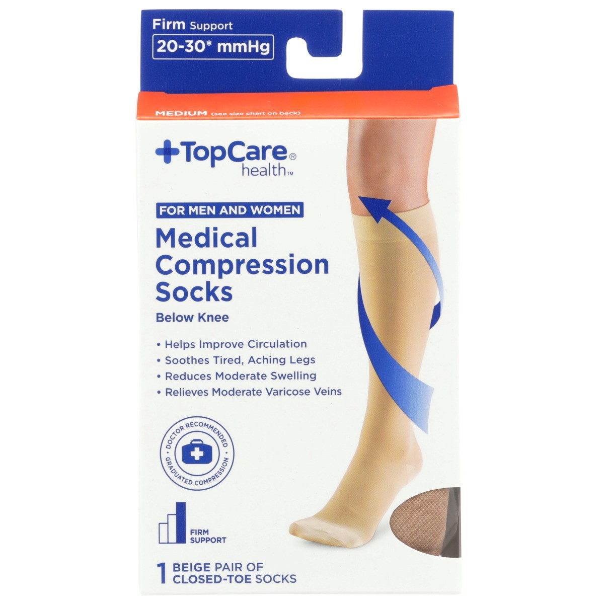 slide 3 of 8, TopCare Firm Support Medical Beige Closed-Toe Below Knee Compression Socks For Men And Women, Medium, 1 ct