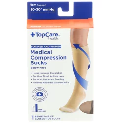TopCare Firm Support Medical Beige Closed-Toe Below Knee Compression Socks For Men And Women, Medium