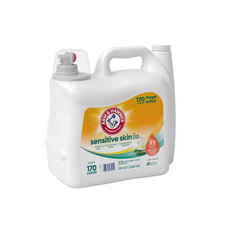 slide 9 of 10, ARM & HAMMER Sensitive Skin Plus Fresh Scent, 170 Loads Liquid Laundry Detergent, 170 Fl oz, 189 oz