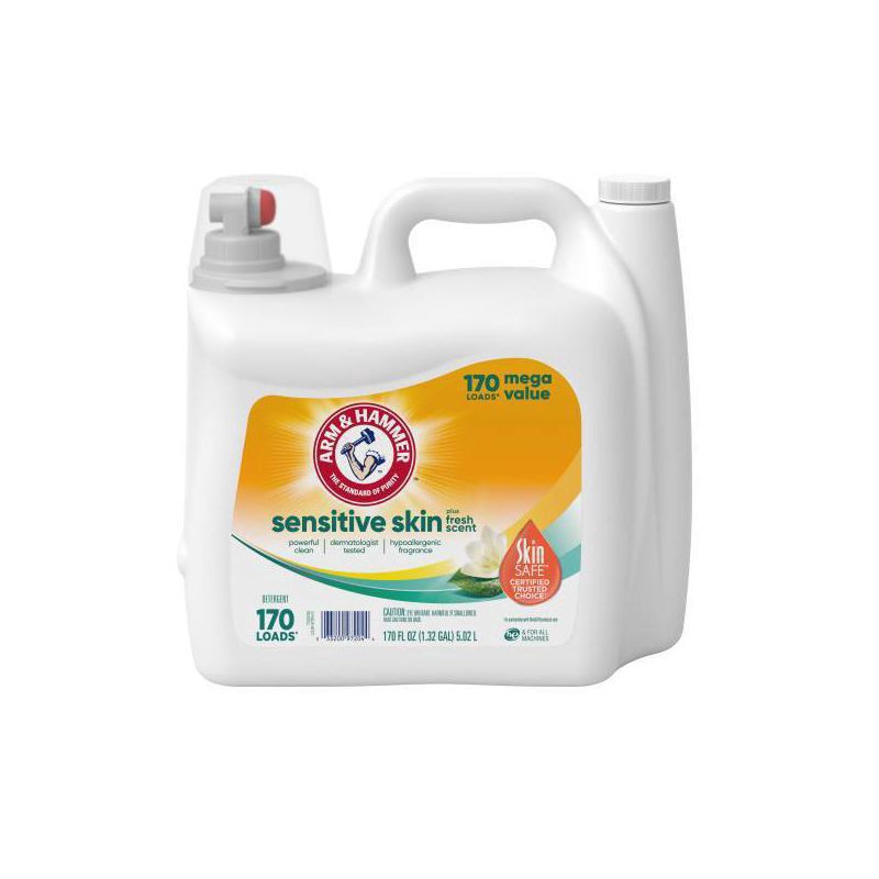 slide 7 of 10, ARM & HAMMER Sensitive Skin Plus Fresh Scent, 170 Loads Liquid Laundry Detergent, 170 Fl oz, 189 oz