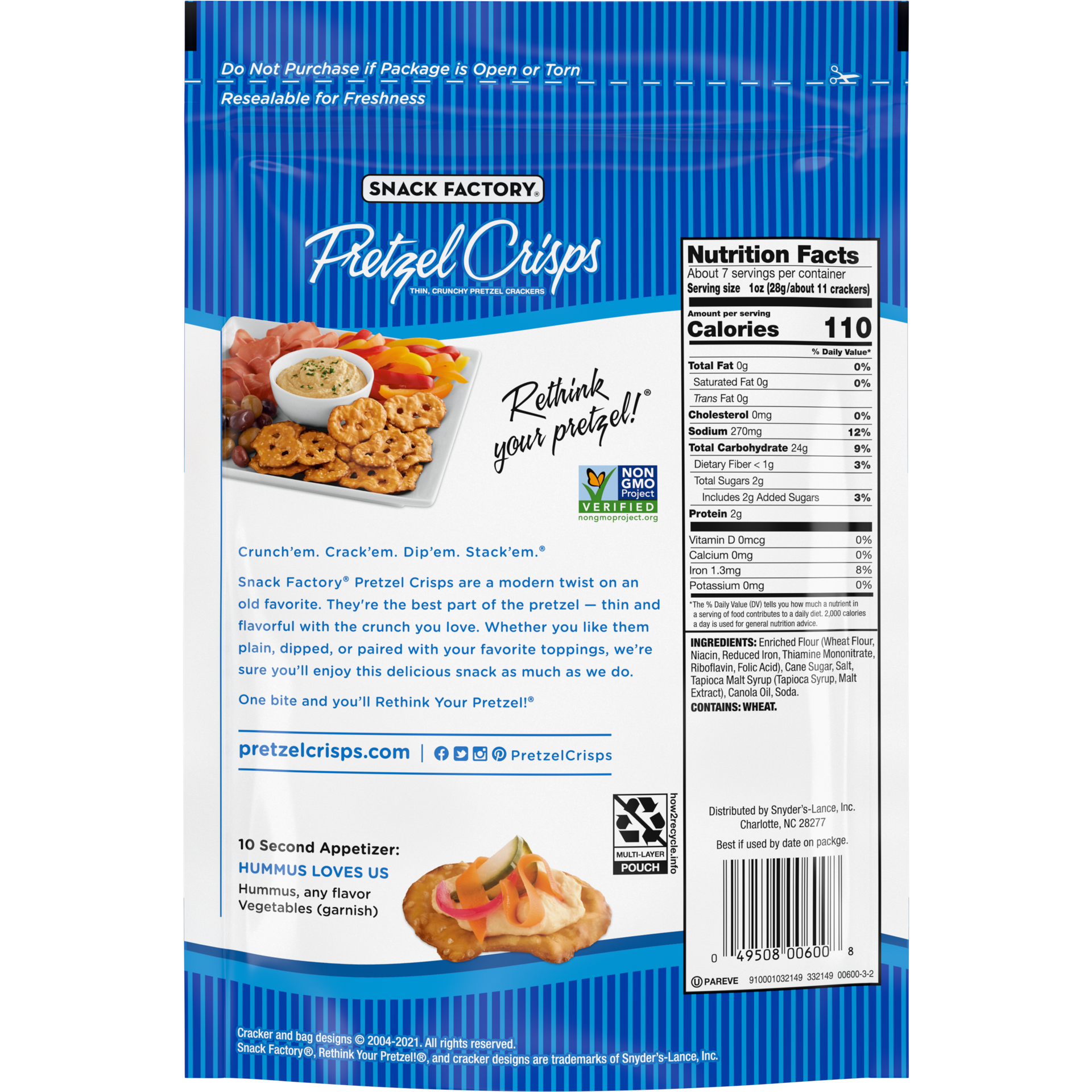 slide 5 of 5, Snack Factory Original Pretzel Crisps, Non-GMO, 7.2 oz Resealable Bag, 7.2 oz