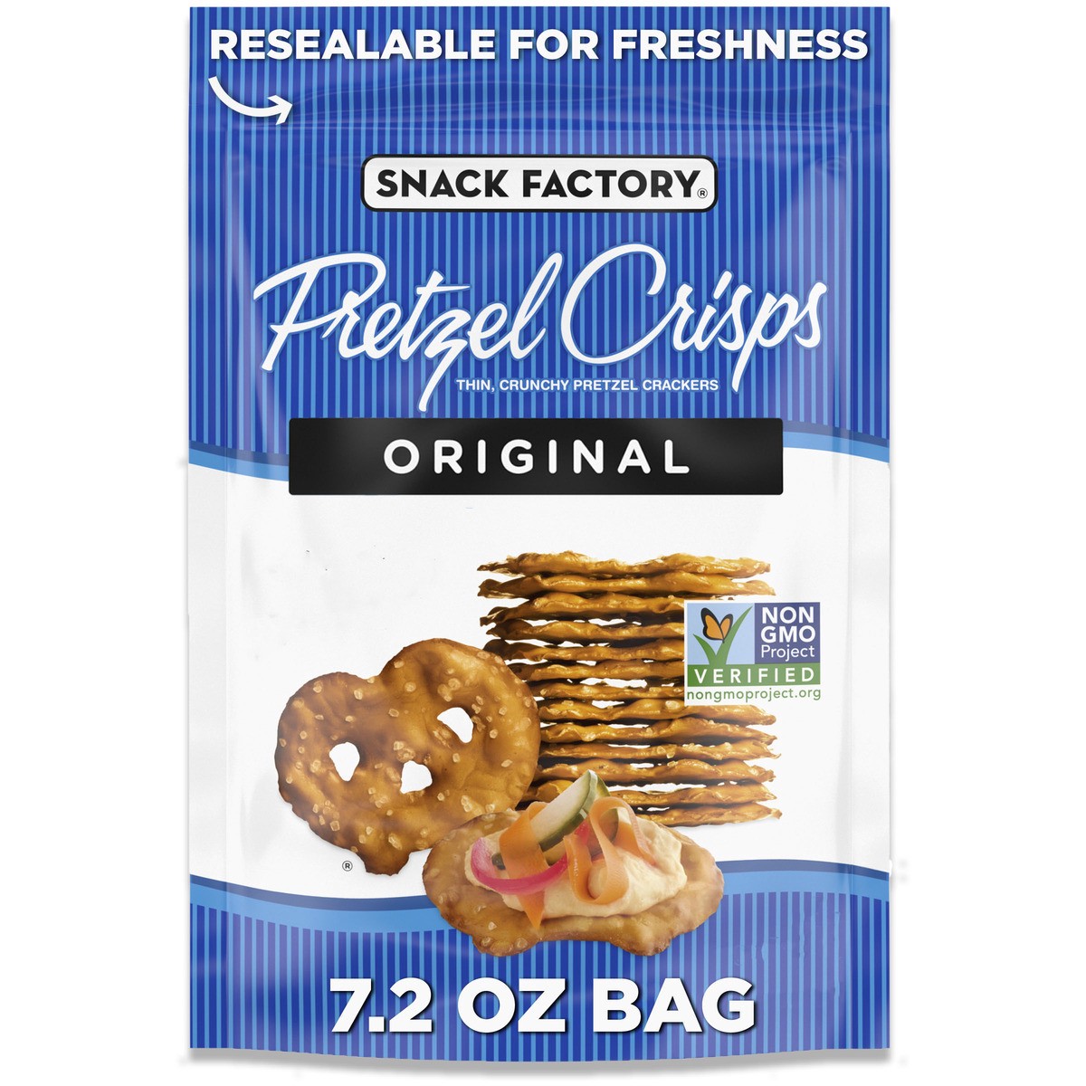 slide 1 of 5, Snack Factory Original Pretzel Crisps, Non-GMO, 7.2 oz Resealable Bag, 7.200 oz