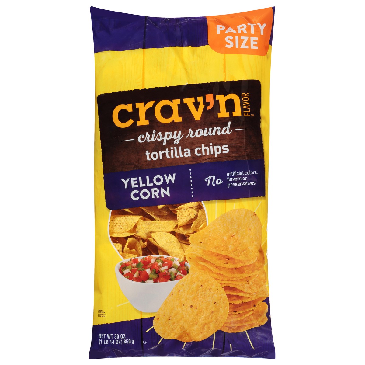 slide 4 of 17, Crav'n Flavor Party Size Crispy Round Yellow Corn Tortilla Chips 30 oz, 30 oz