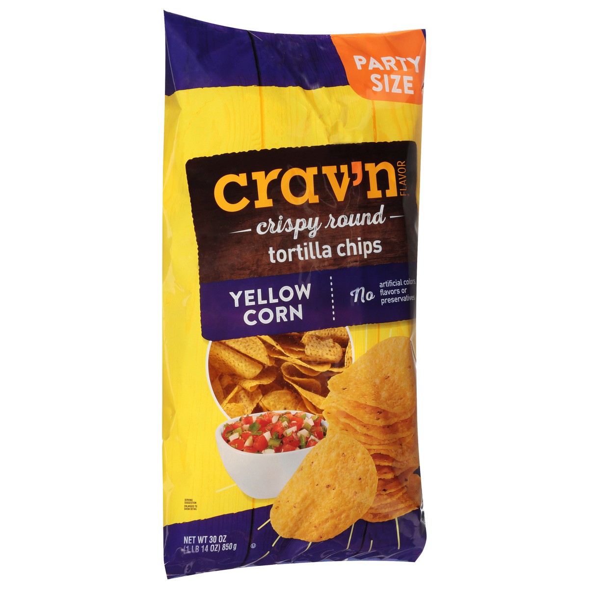 slide 9 of 17, Crav'n Flavor Party Size Crispy Round Yellow Corn Tortilla Chips 30 oz, 30 oz